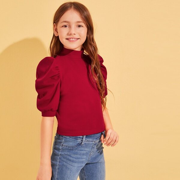 

Girls Solid Mock-neck Puff Sleeve Top