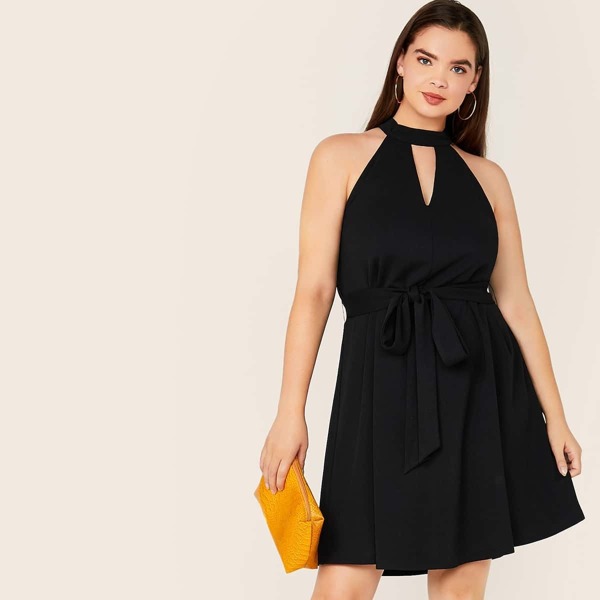 

Plus Cut Out Front Self Belted Halter Dress, Black