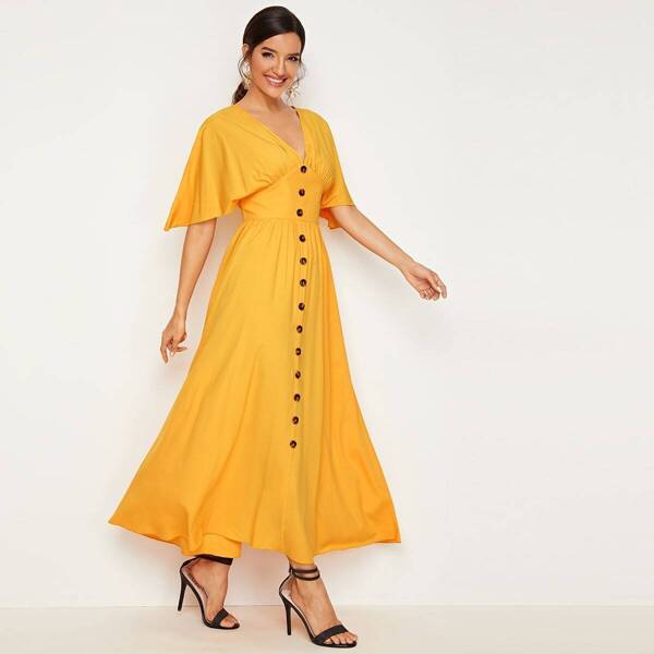 

Button Front Batwing Sleeve Maxi Dress, Yellow