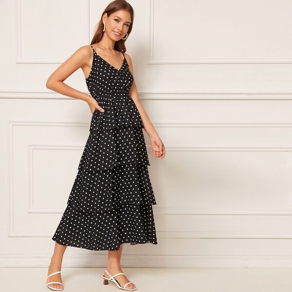 

Polka-dot Print Layered Ruffle Hem Slip Dress, Black