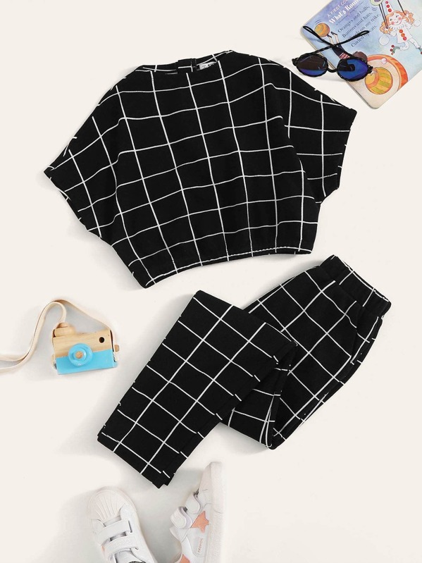 

Girls Grid Zip Back Batwing Sleeve Top & Pants Set, Black