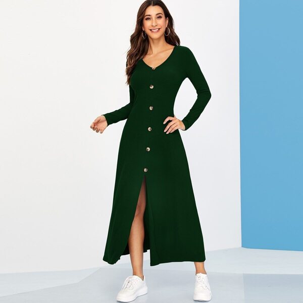 

Button Front Rib-knit Split Side Dress, Green