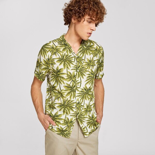 

Men Notch Collar Hawaiian Print Shirt