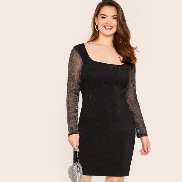 

Plus Square Neck Sheer Sleeve Glitter Overlay Dress, Black
