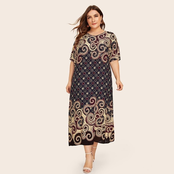 

Plus V-neck Tribal Print Tunic Dress