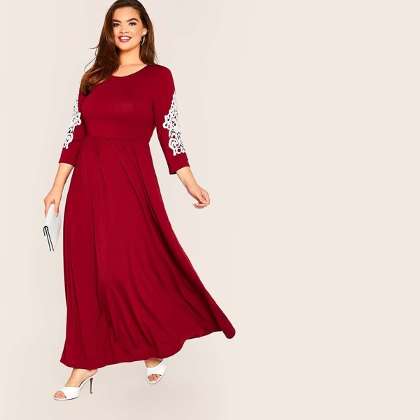 

Plus Guipure Lace Appliques Sleeve Fit and Flare Dress, Burgundy