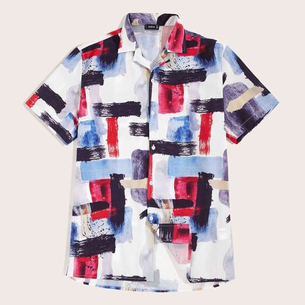 

Men Brush Print Revere Collar Shirt, Multicolor