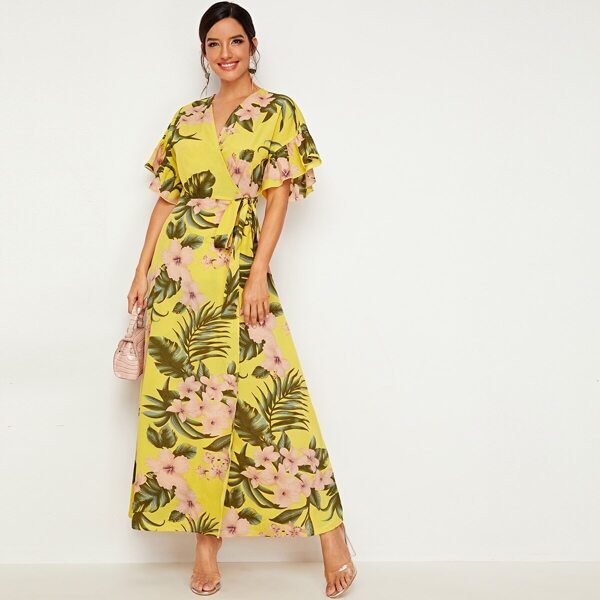 

Botanical Print Surplice Neck Flutter Sleeve Belted Dress, Yellow