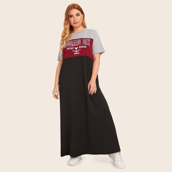 

Plus Slogan and Graphic Print Colorblock Tee Dress, Multicolor