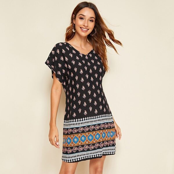 

V-neck Batwing Sleeve Tribal Print Dress, Multicolor