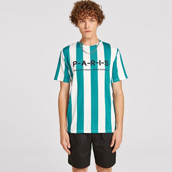 

Men Slogan Graphic Striped Tee, Green