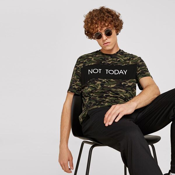 

Men Short Sleeve Camo & Slogan Print Top, Multicolor
