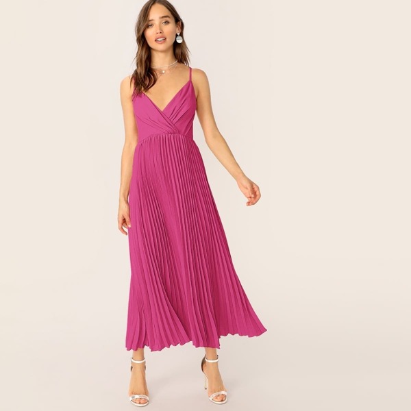 

Surplice Neck Pleated Slip Dress, Pink bright