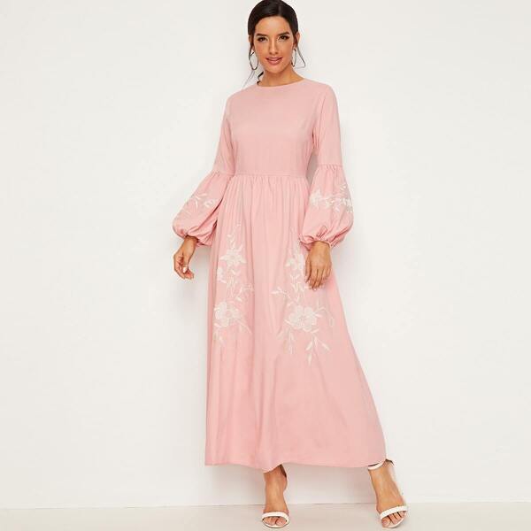 

Bishop Sleeve Floral Embroidered Maxi Dress, Pink