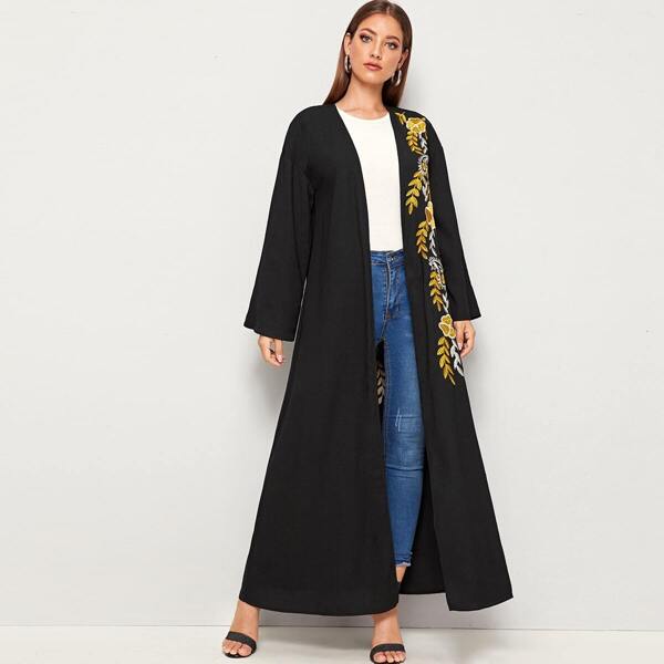 

Open Front Flower Embroidered Hijab Abaya, Black