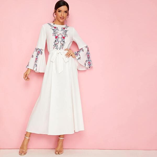 

Floral Print Bell Sleeve Belted Flare Dress, White