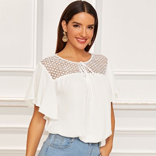 

Tie Neck Guipure Lace Yoke Flutter Sleeve Top