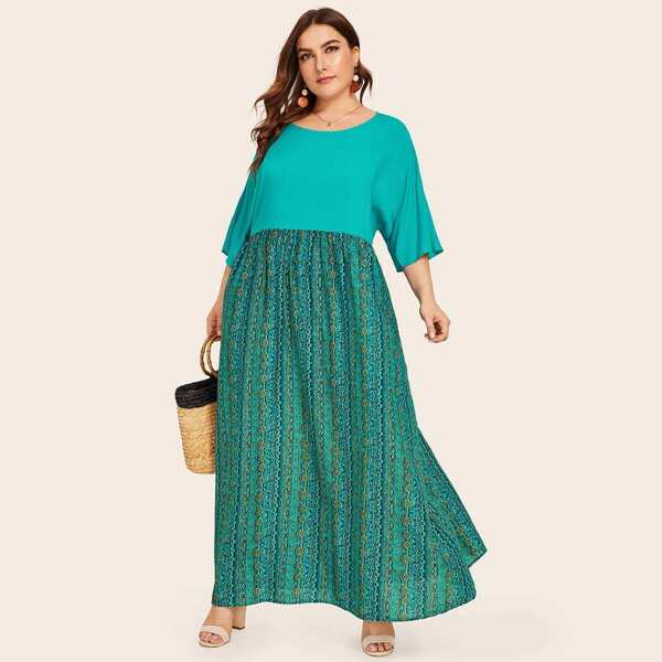 

Plus Batwing Sleeve Tribal Print Dress