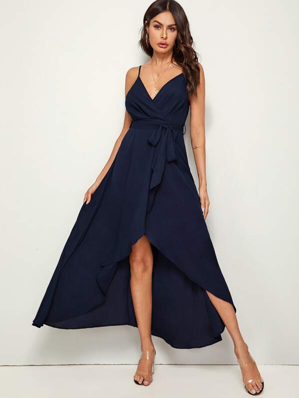 

Solid Wrap Belted Slip Dress, Navy, Andy