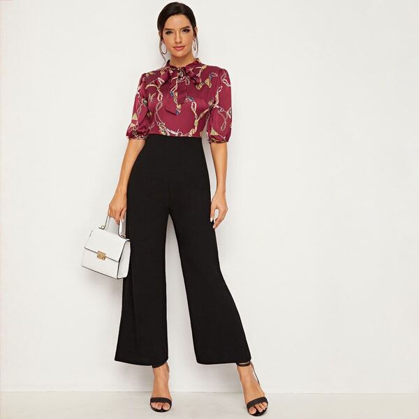 

Tie Neck Scarf Print Wide Leg Jumpsuit