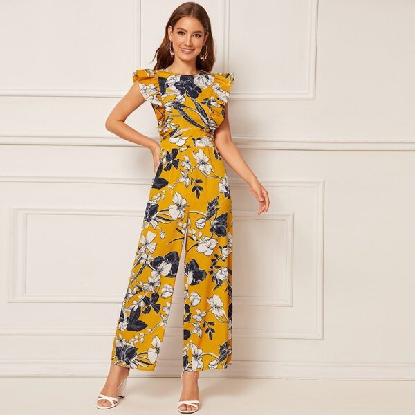 

Ruffle Armhole Floral Print Wide Leg Jumpsuit, Yellow