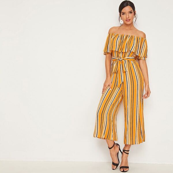 

Off Shoulder Foldover Self Belted Wide Leg Striped Jumpsuit, Yellow
