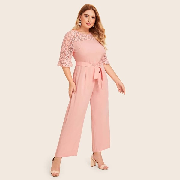 

Plus Lace Shoulder Self Belted Wide Leg Jumpsuit, Pink