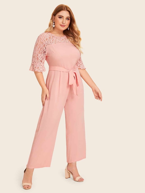 

Plus Lace Shoulder Self Belted Wide Leg Jumpsuit, Pink, Nora