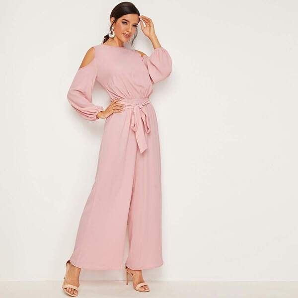 

Cold Shoulder Blouson Waist Belted Palazzo Jumpsuit, Pink pastel