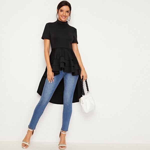 

Mock Neck Layered Ruffle Trim High Low Top, Black
