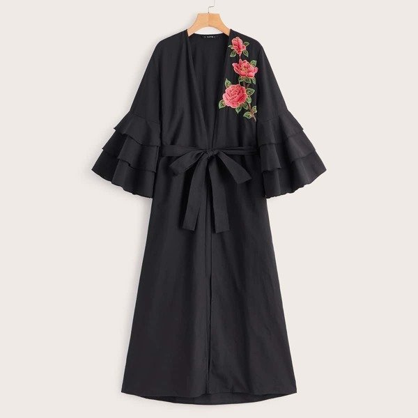 

Embroidered Floral Layered Flounce Sleeve Abaya With Belt, Black