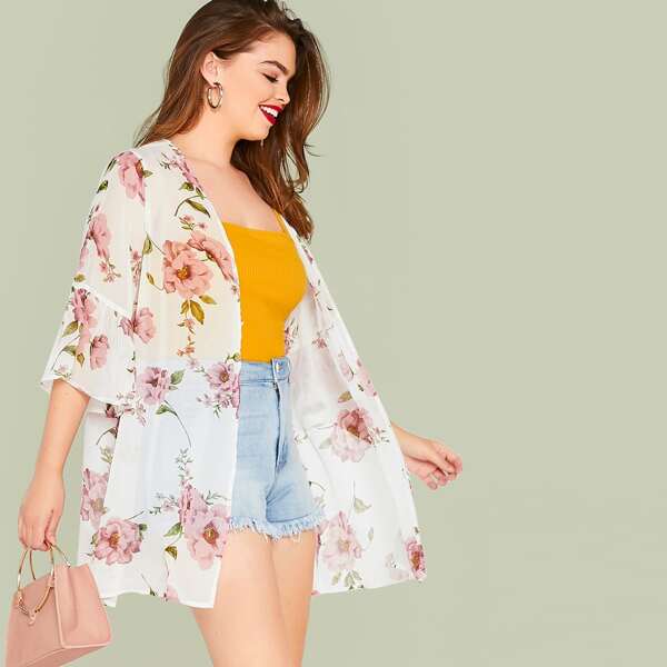 Plus Bell Sleeve Floral Print Kimono