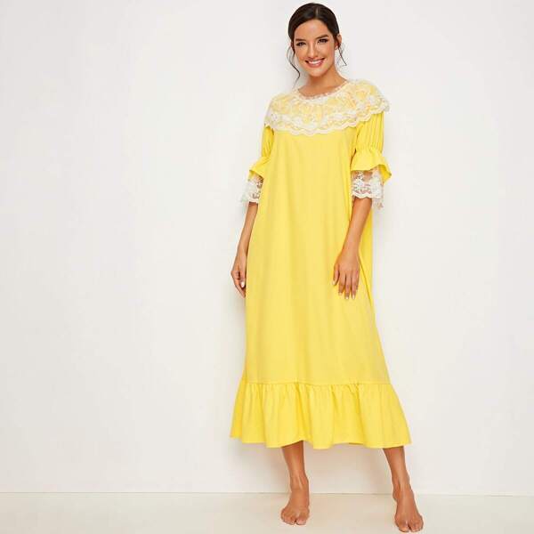 

Contrast Lace Detail Flounce Sleeve Nightdress, Yellow pastel