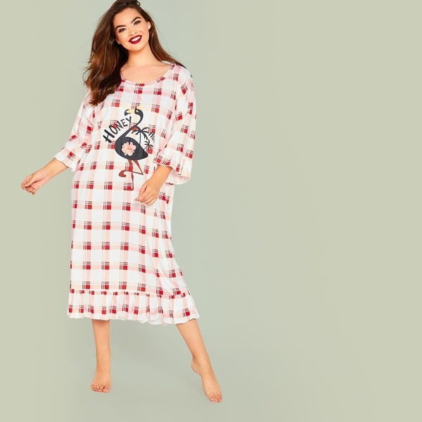 

Plus Plaid & Animal Ruffle Hem Night Dress, Multicolor