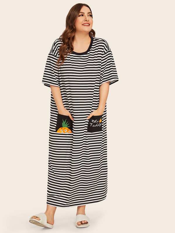 

Plus Striped Print Pocket T-shirt Night Dress, Black and white, Franziska
