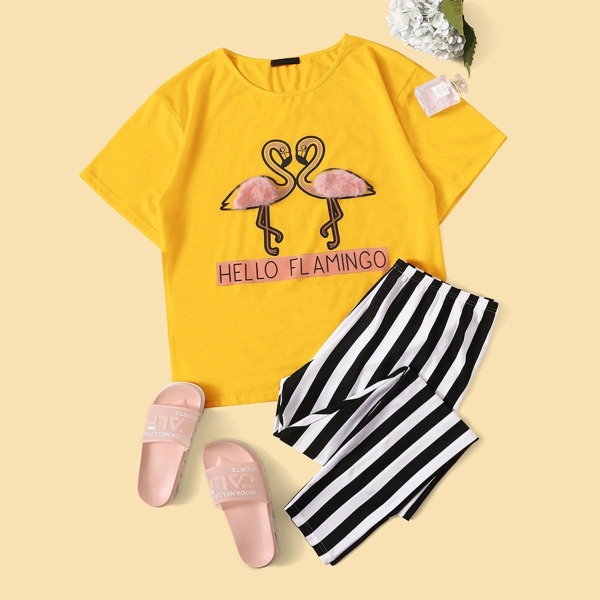 

Plus Faux Fur Detail Graphic Print Top & Striped Pants PJ Set