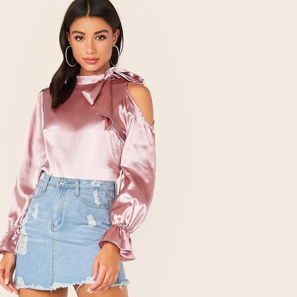 

Tie Neck Cold Shoulder Flounce Sleeve Satin Top, Pink