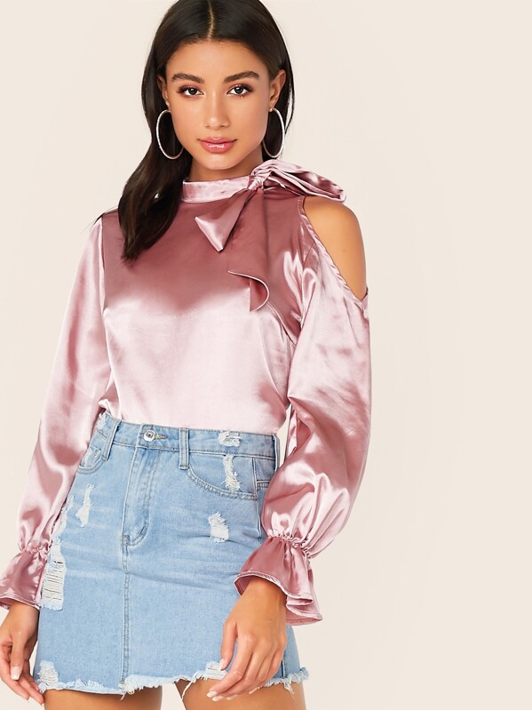 

Tie Neck Cold Shoulder Flounce Sleeve Satin Top, Pink, Kiele Montgomery