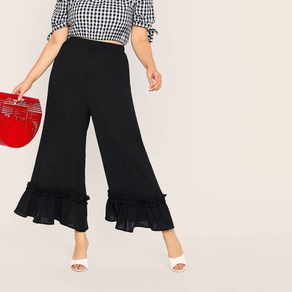 

Plus Solid Frill Trim Flare Leg Pants, Black