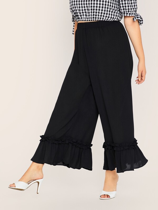 

Plus Solid Frill Trim Flare Leg Pants, Black, Faith Bowman