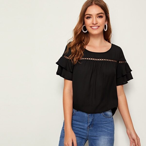 

Lace Insert Flounce Sleeve Curved Hem Top, Black