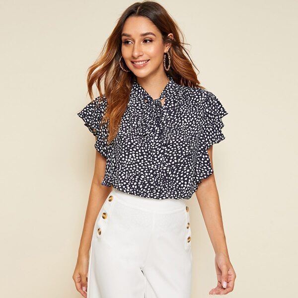 

Dalmatian Print Tie Neck Ruffle Armhole Top