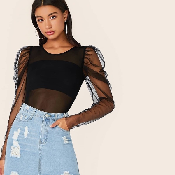 

Gigot Sleeve Sheer Mesh Overlay Bodysuit Without Bandeau