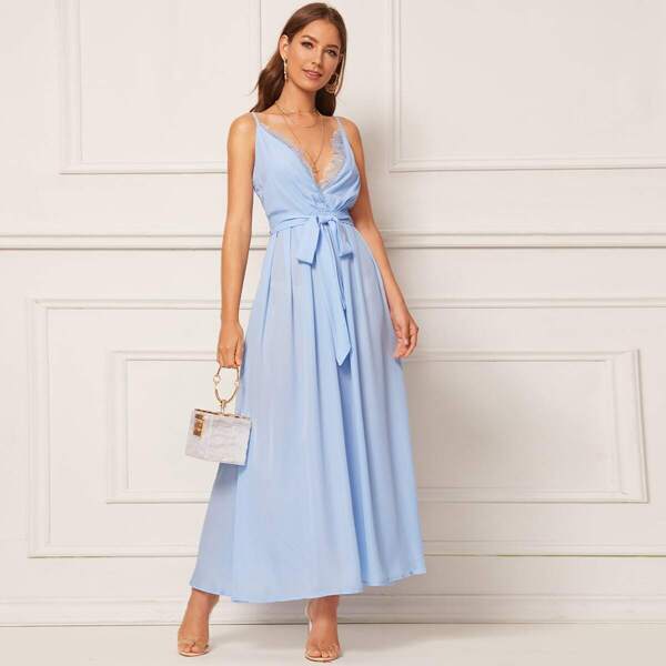 

Plunging Neck Lace Trim Belted Pleated Cami Dress, Blue