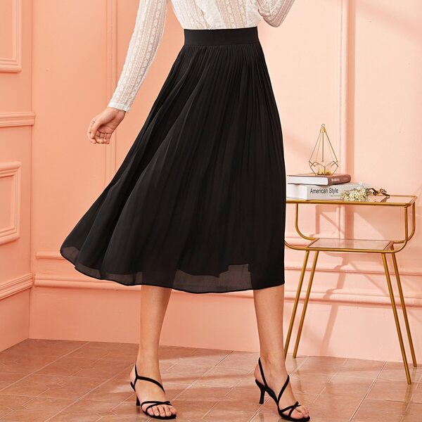 

Solid Wide Waistband Pleated Skirt, Black