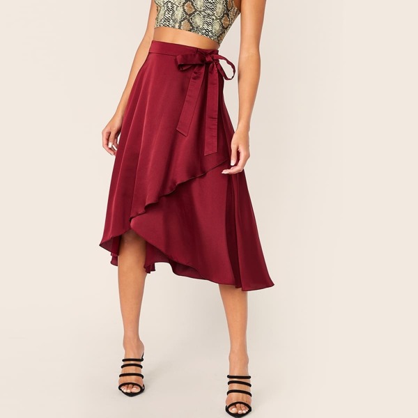 

Knot Detail Wrap Asymmetrical Hem Satin Skirt