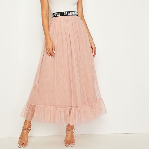 

Lettering Tape Waist Swiss Dot Mesh Overlay Skirt, Pink