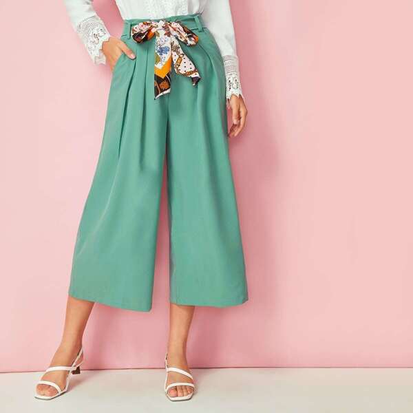 

Self Tie Plicated Wide Leg Pants, Green