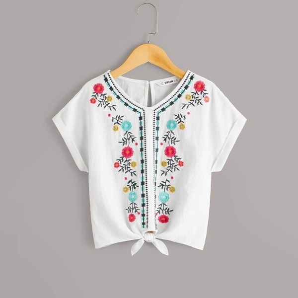 

Girls Rolled Cuff Embroidered Tribal Tie Hem Top