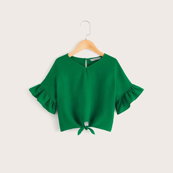 

Girls V-neck Ruffle Cuff Tie Hem Top, Green